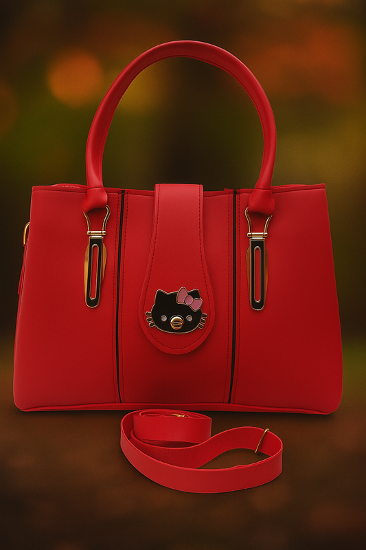 Elegant Multi-Compartment Faux Leather Handbag with Stylish Hello Kitty Charm