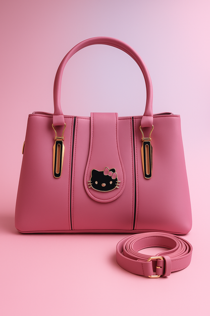 Elegant Multi-Compartment Faux Leather Handbag with Stylish Hello Kitty Charm