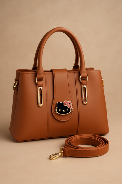 Elegant Multi-Compartment Faux Leather Handbag with Stylish Hello Kitty Charm