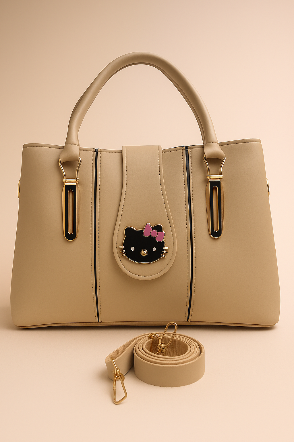 Elegant Multi-Compartment Faux Leather Handbag with Stylish Hello Kitty Charm